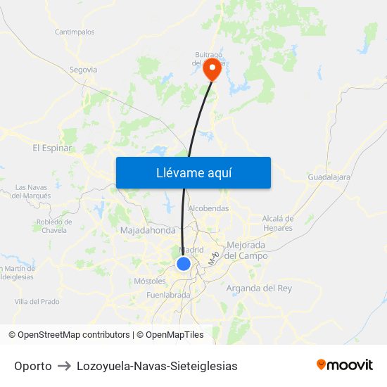 Oporto to Lozoyuela-Navas-Sieteiglesias map