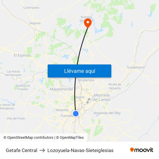 Getafe Central to Lozoyuela-Navas-Sieteiglesias map