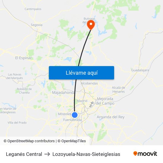 Leganés Central to Lozoyuela-Navas-Sieteiglesias map