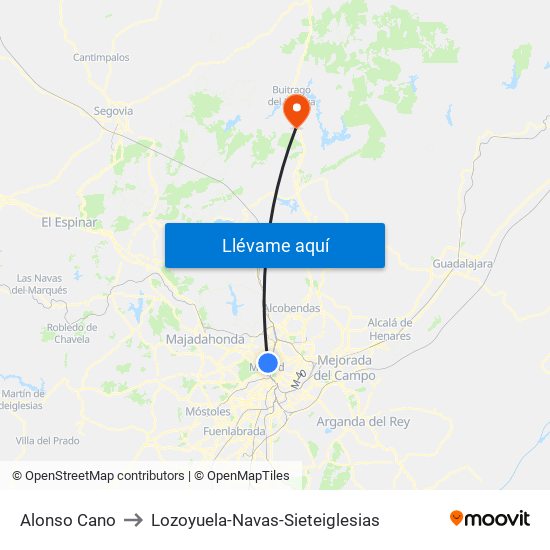 Alonso Cano to Lozoyuela-Navas-Sieteiglesias map