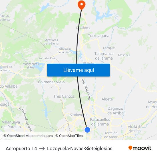 Aeropuerto T4 to Lozoyuela-Navas-Sieteiglesias map