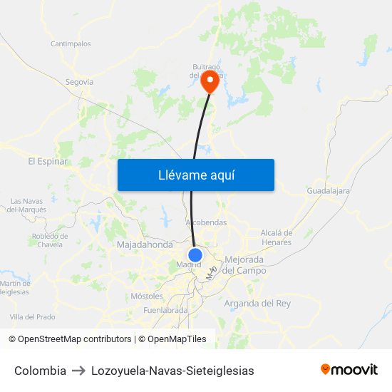 Colombia to Lozoyuela-Navas-Sieteiglesias map