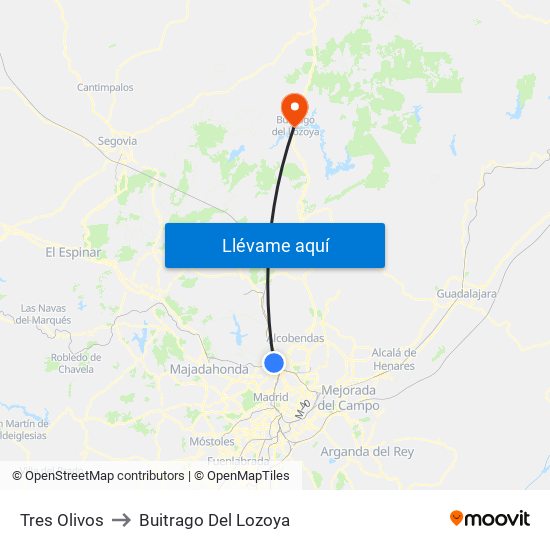 Tres Olivos to Buitrago Del Lozoya map