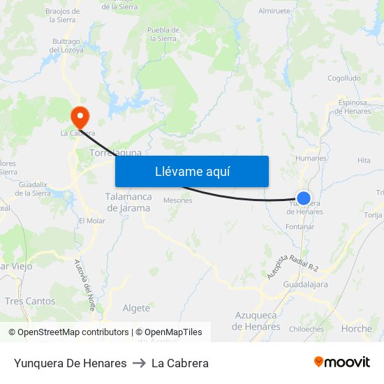 Yunquera De Henares to La Cabrera map