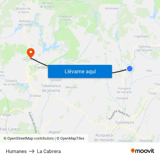 Humanes to La Cabrera map