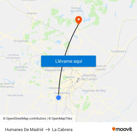 Humanes De Madrid to La Cabrera map