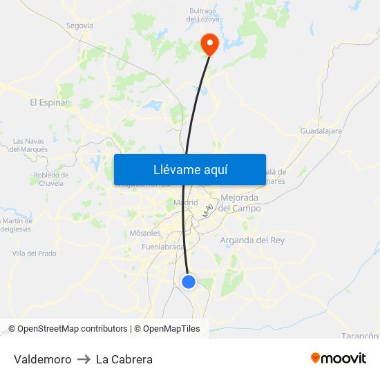 Valdemoro to La Cabrera map