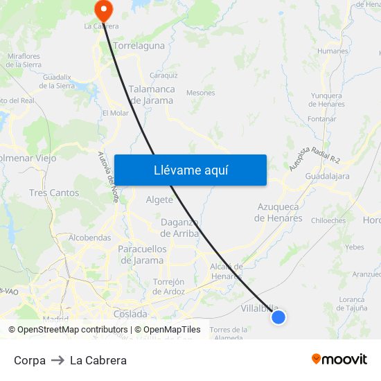 Corpa to La Cabrera map