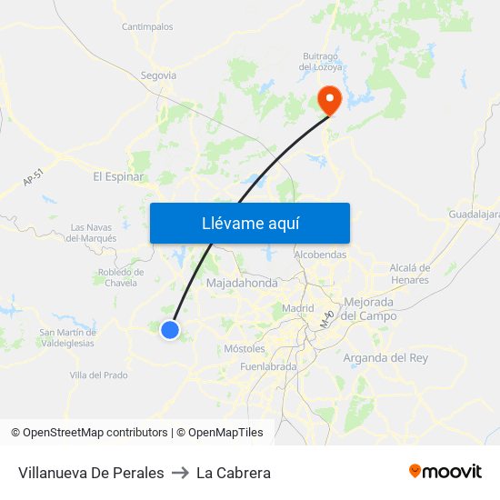 Villanueva De Perales to La Cabrera map