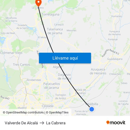 Valverde De Alcalá to La Cabrera map