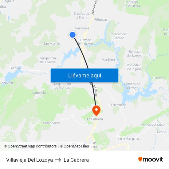 Villavieja Del Lozoya to La Cabrera map
