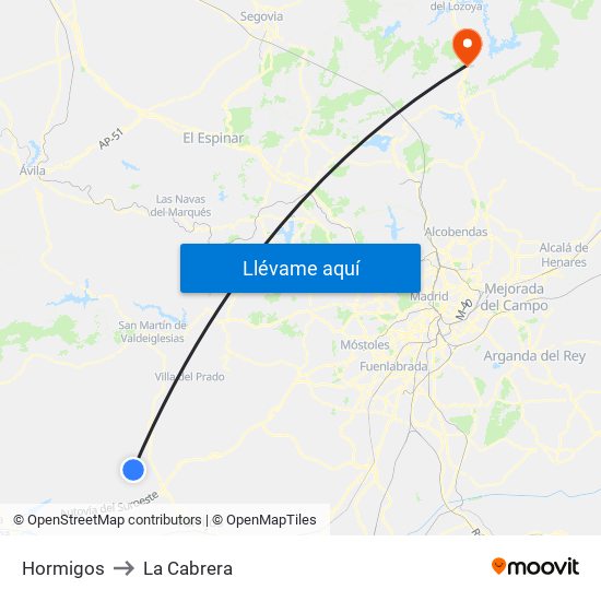 Hormigos to La Cabrera map