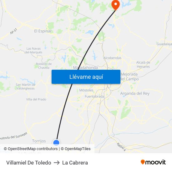 Villamiel De Toledo to La Cabrera map