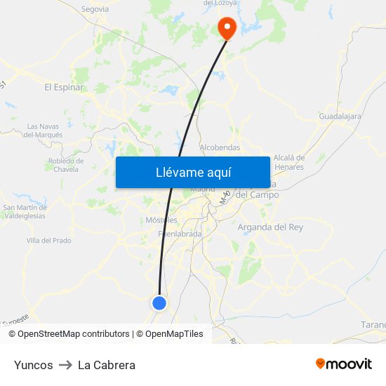 Yuncos to La Cabrera map