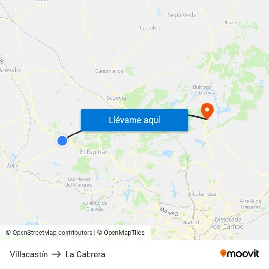 Villacastín to La Cabrera map