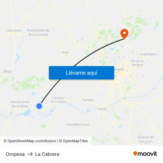 Oropesa to La Cabrera map