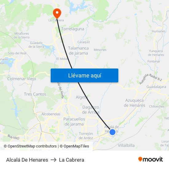 Alcalá De Henares to La Cabrera map