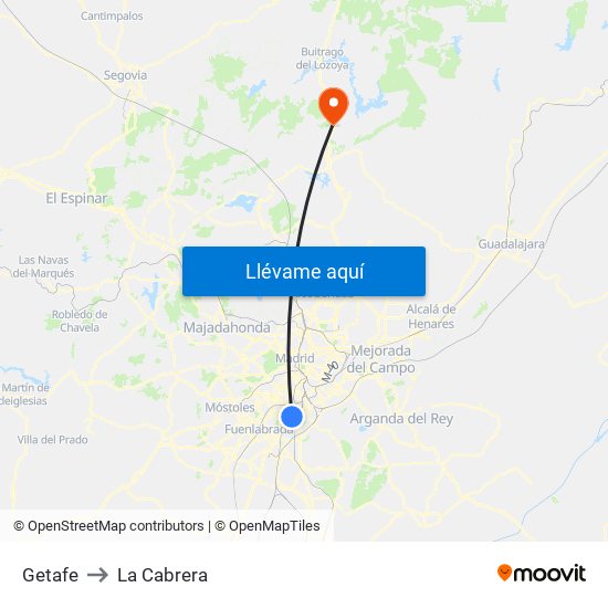 Getafe to La Cabrera map