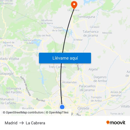 Madrid to La Cabrera map