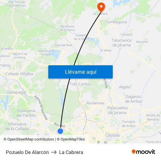 Pozuelo De Alarcón to La Cabrera map
