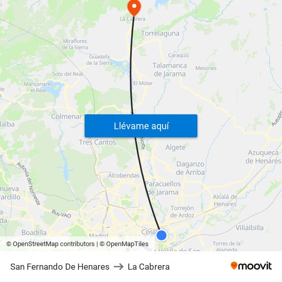 San Fernando De Henares to La Cabrera map