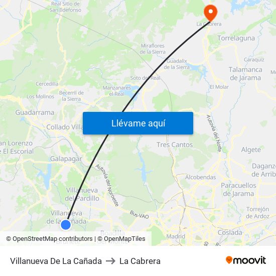 Villanueva De La Cañada to La Cabrera map