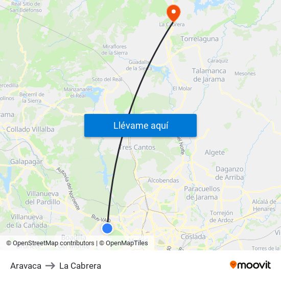 Aravaca to La Cabrera map