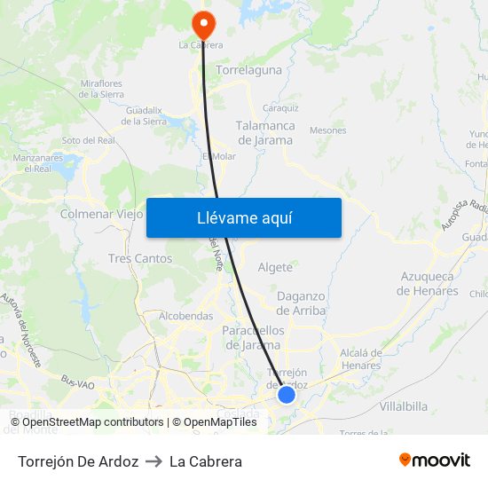 Torrejón De Ardoz to La Cabrera map