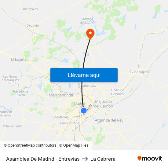 Asamblea De Madrid - Entrevías to La Cabrera map