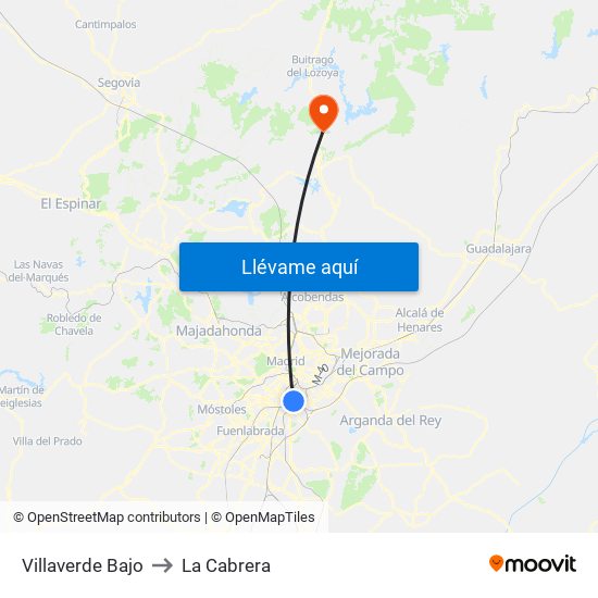Villaverde Bajo to La Cabrera map