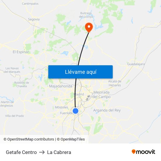 Getafe Centro to La Cabrera map