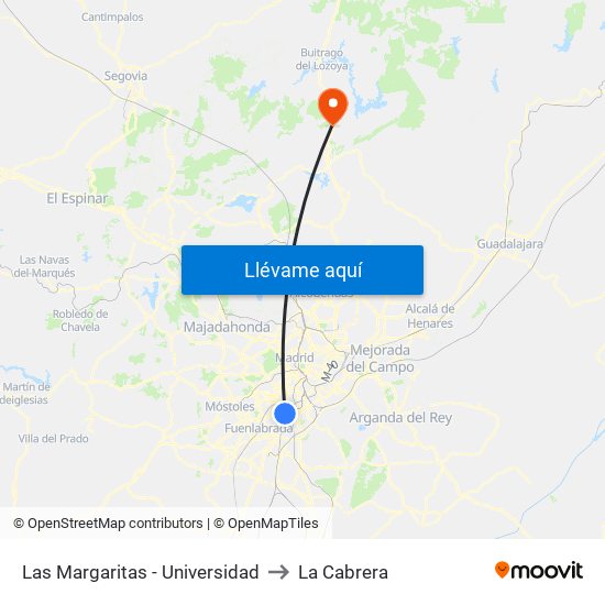 Las Margaritas - Universidad to La Cabrera map