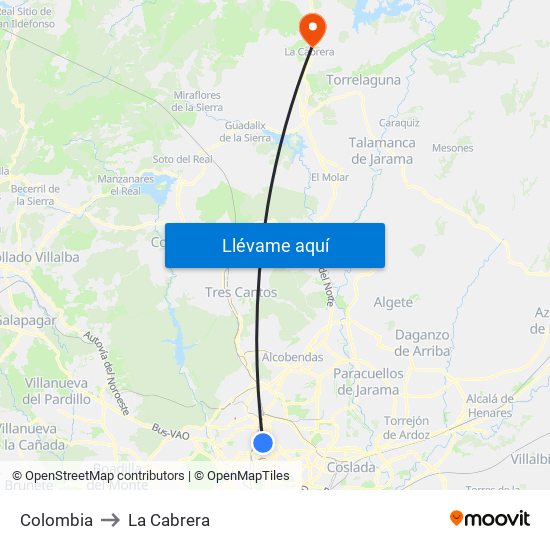 Colombia to La Cabrera map