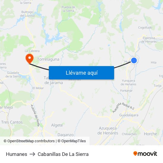 Humanes to Cabanillas De La Sierra map