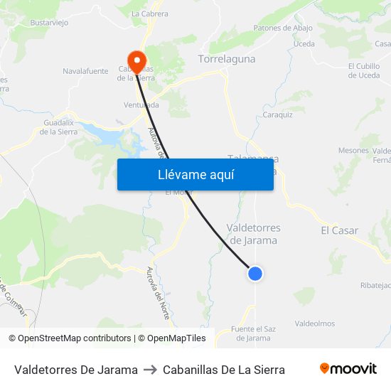 Valdetorres De Jarama to Cabanillas De La Sierra map