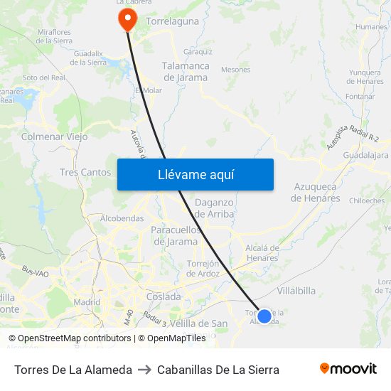 Torres De La Alameda to Cabanillas De La Sierra map