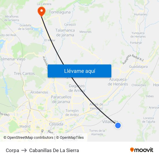 Corpa to Cabanillas De La Sierra map