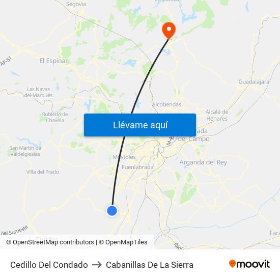 Cedillo Del Condado to Cabanillas De La Sierra map