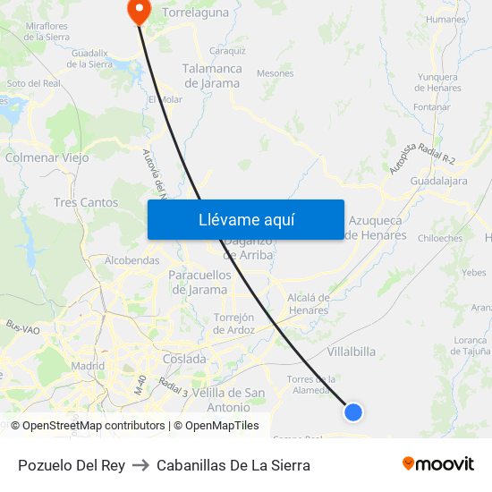 Pozuelo Del Rey to Cabanillas De La Sierra map