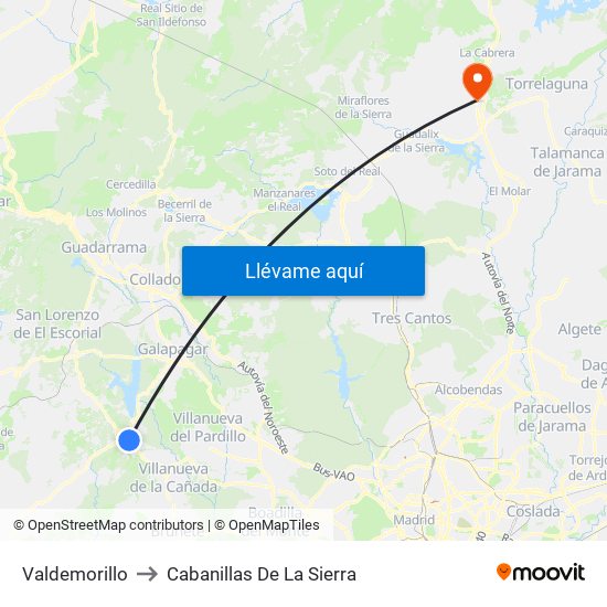 Valdemorillo to Cabanillas De La Sierra map