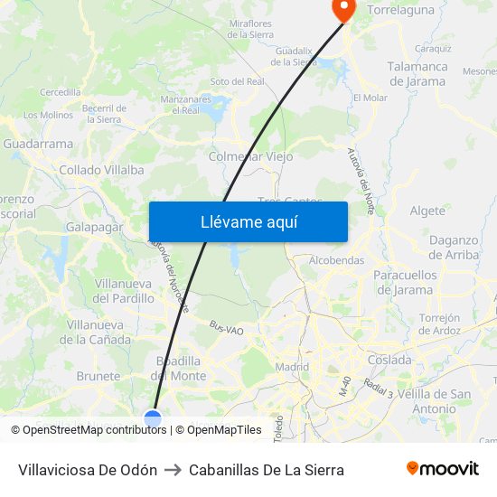Villaviciosa De Odón to Cabanillas De La Sierra map