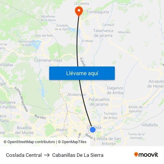 Coslada Central to Cabanillas De La Sierra map