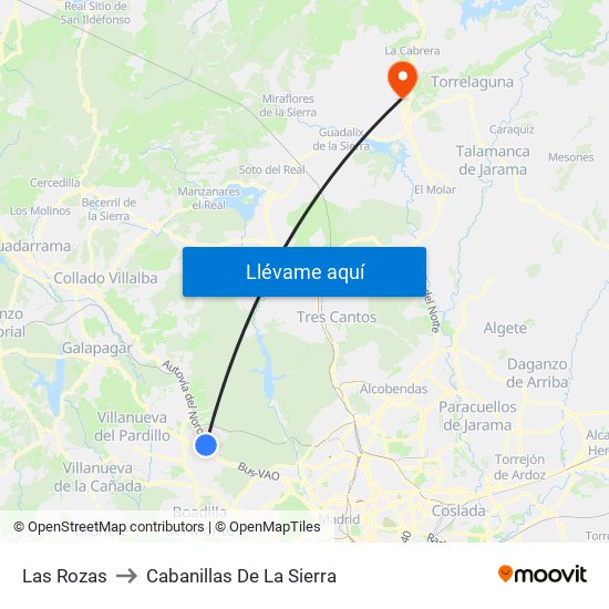 Las Rozas to Cabanillas De La Sierra map