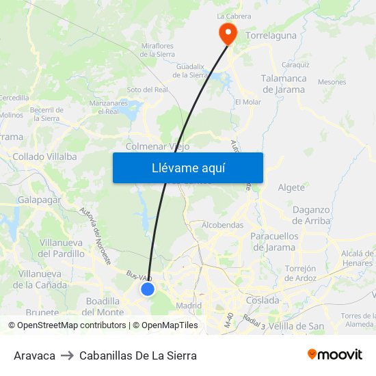 Aravaca to Cabanillas De La Sierra map