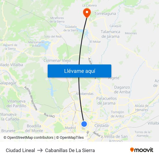 Ciudad Lineal to Cabanillas De La Sierra map