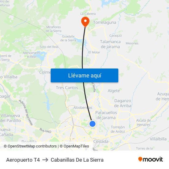 Aeropuerto T4 to Cabanillas De La Sierra map