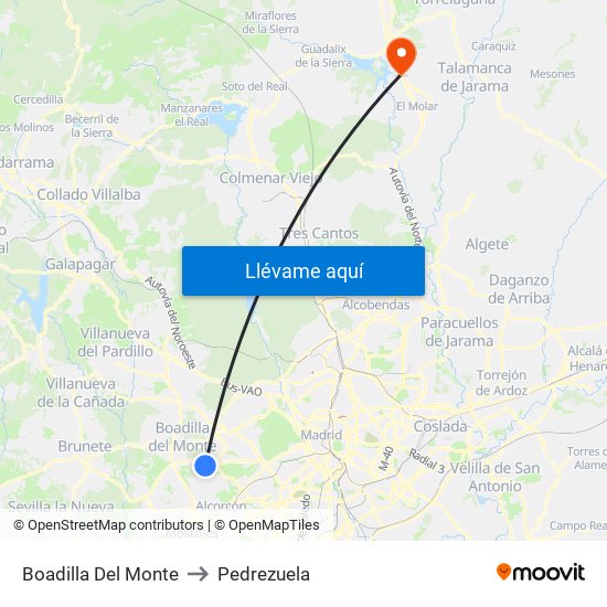 Boadilla Del Monte to Pedrezuela map