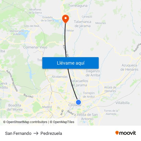 San Fernando to Pedrezuela map