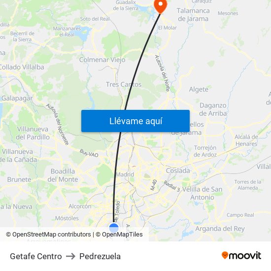 Getafe Centro to Pedrezuela map