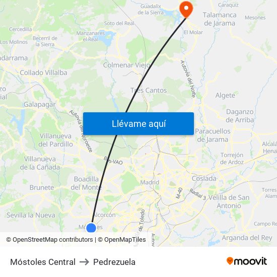 Móstoles Central to Pedrezuela map